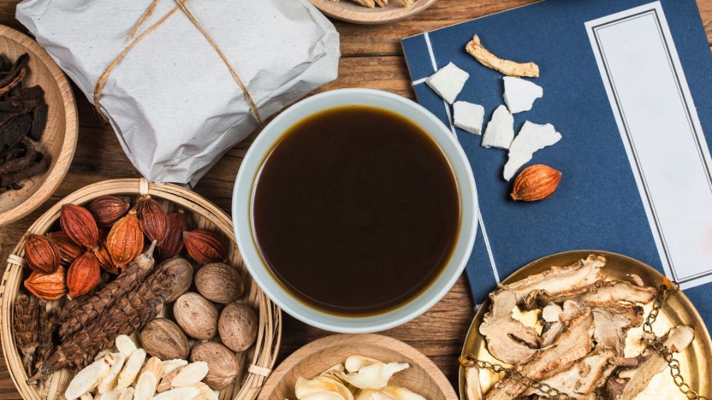 Chinese herbs on a wooden table