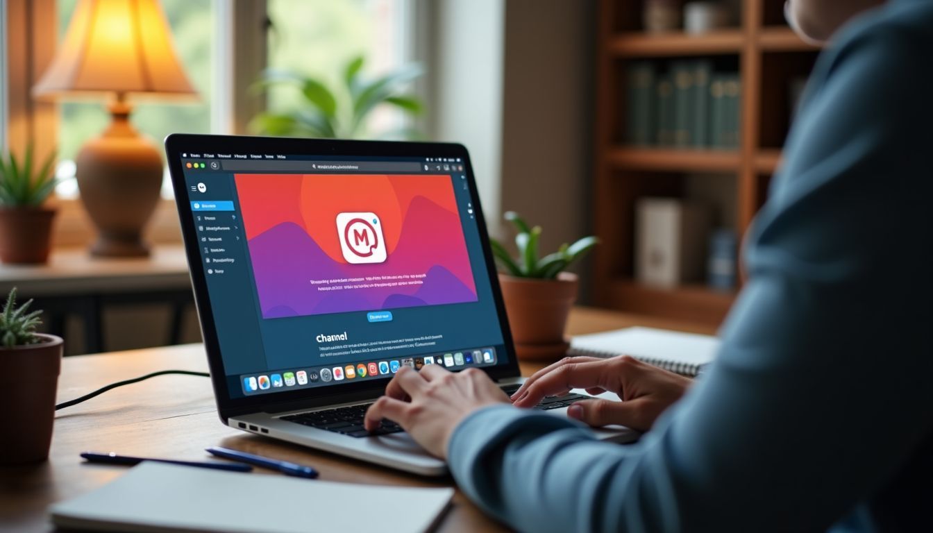 A laptop displaying a channel homepage in a cozy home office.