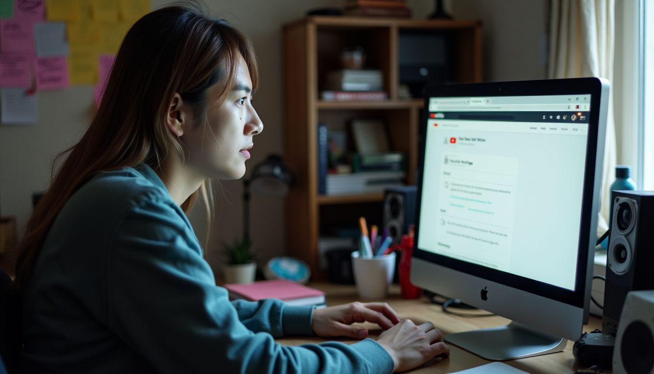 A person sitting at a cluttered desk, uploading videos to YouTube.