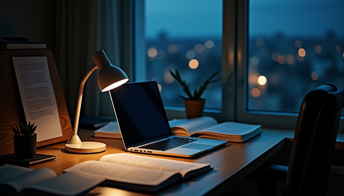 A cluttered desk with a laptop, open notebooks, and scattered papers.