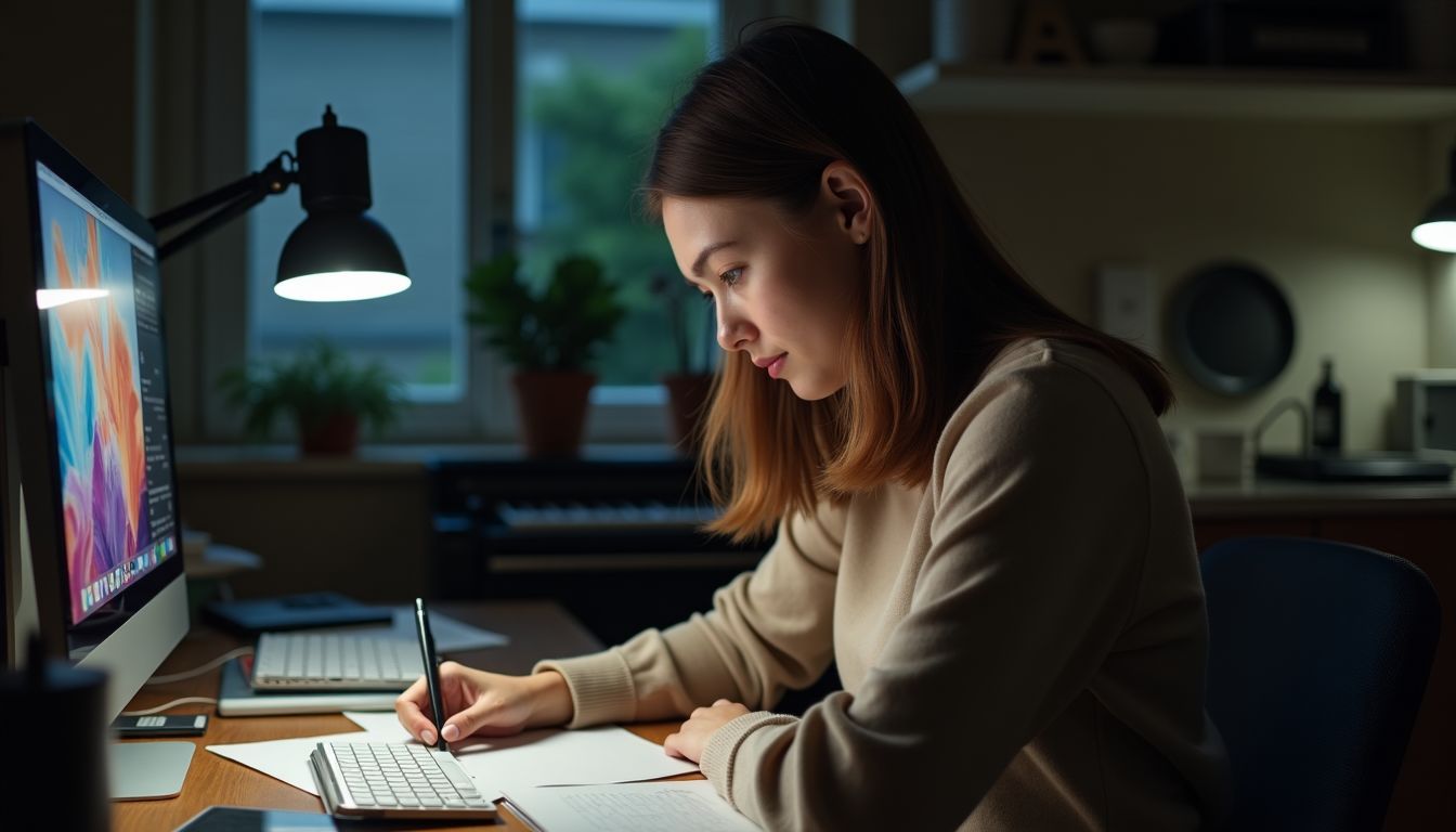 A woman in her late 20s is filming a video at her messy desk.