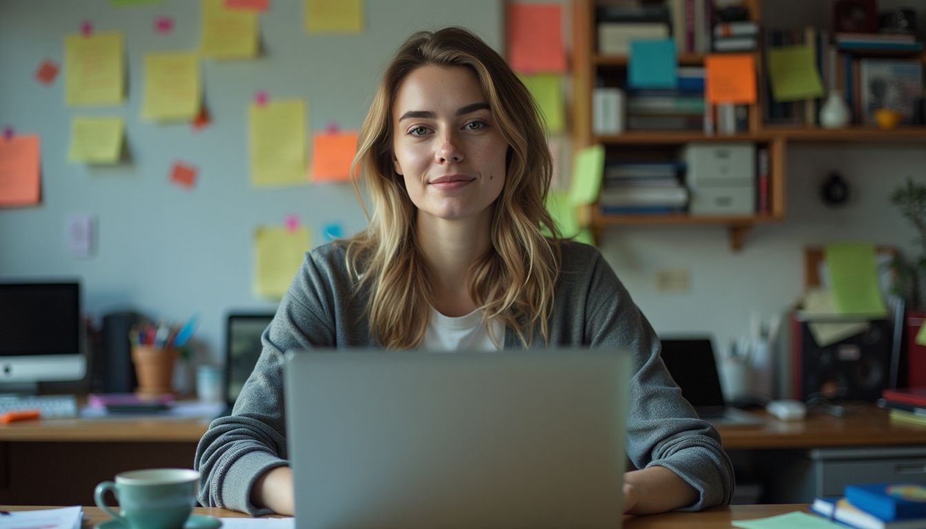 A woman in her 20s brainstorming ideas for a YouTube channel.