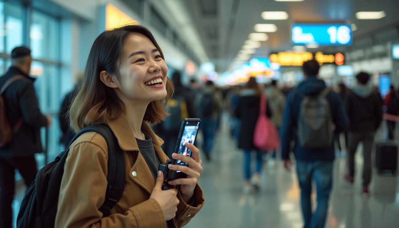 A person films a travel vlog in a busy airport departure hall.