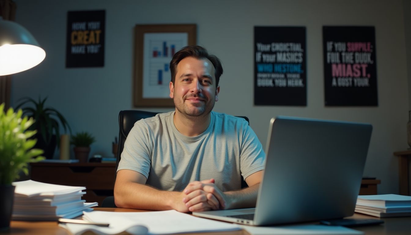 A man sits at cluttered desk in home office surrounded by papers.