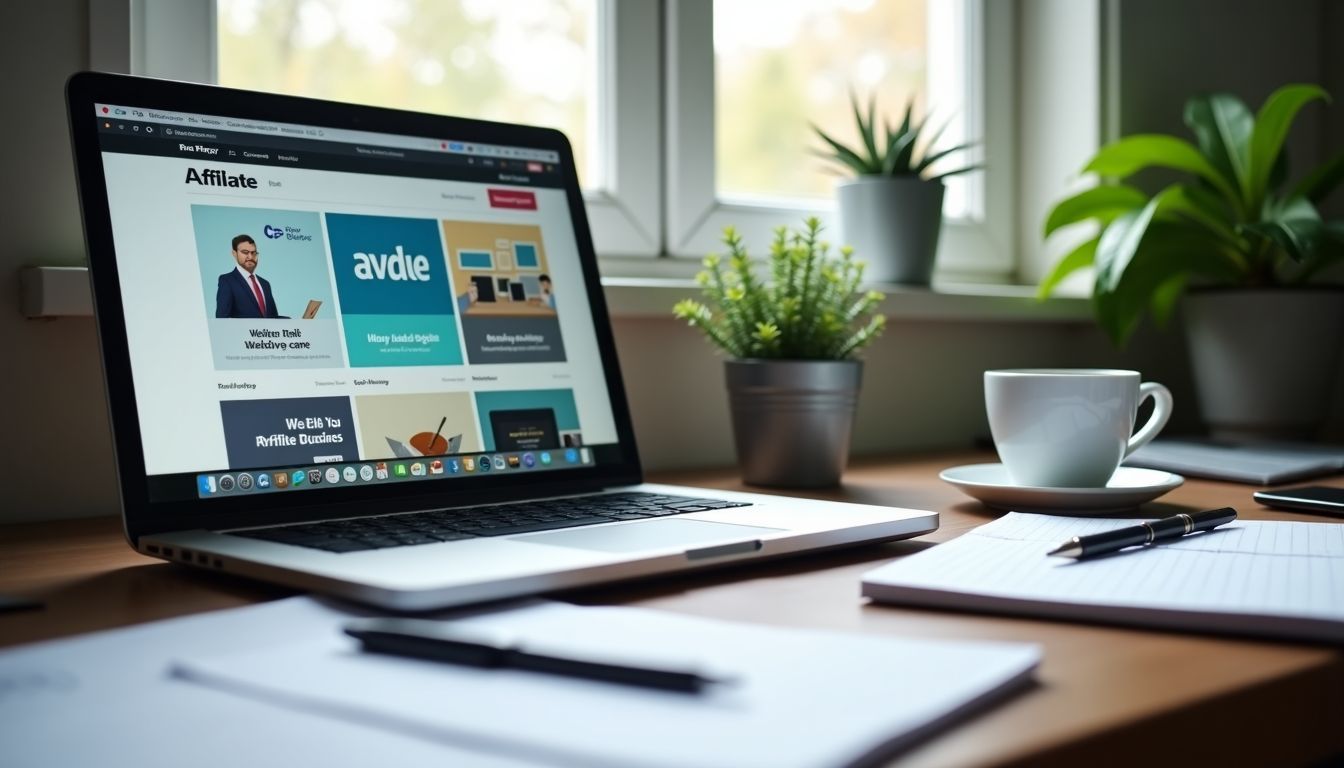 A cluttered home office desk with an open laptop and notes.