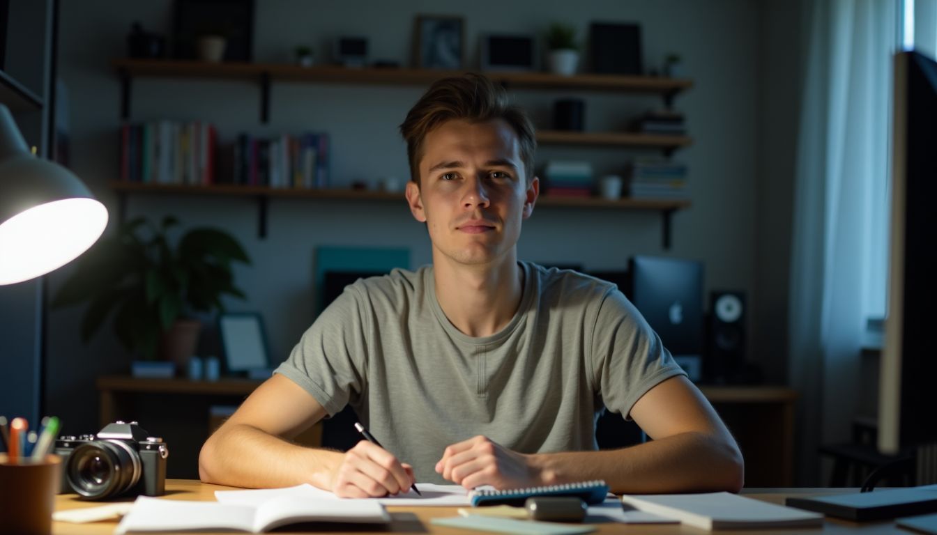 A young man prepares to start his YouTube channel at a cluttered desk.