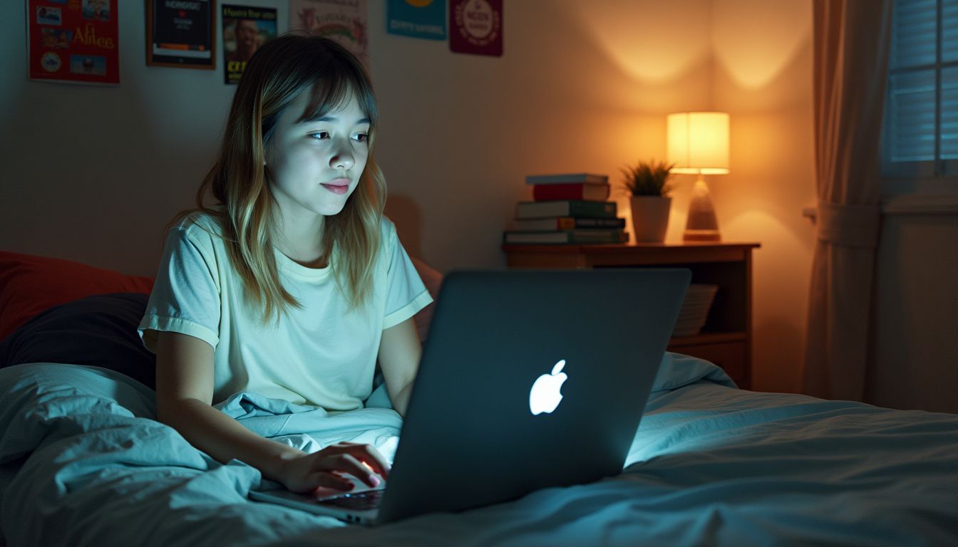 A teenager creating a YouTube account in a cozy, dimly lit bedroom.