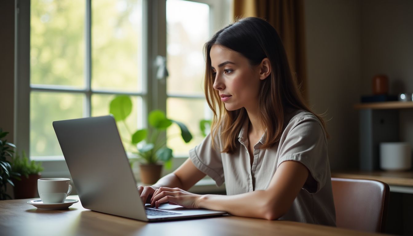 A woman researching affiliate programs in her cozy home office.