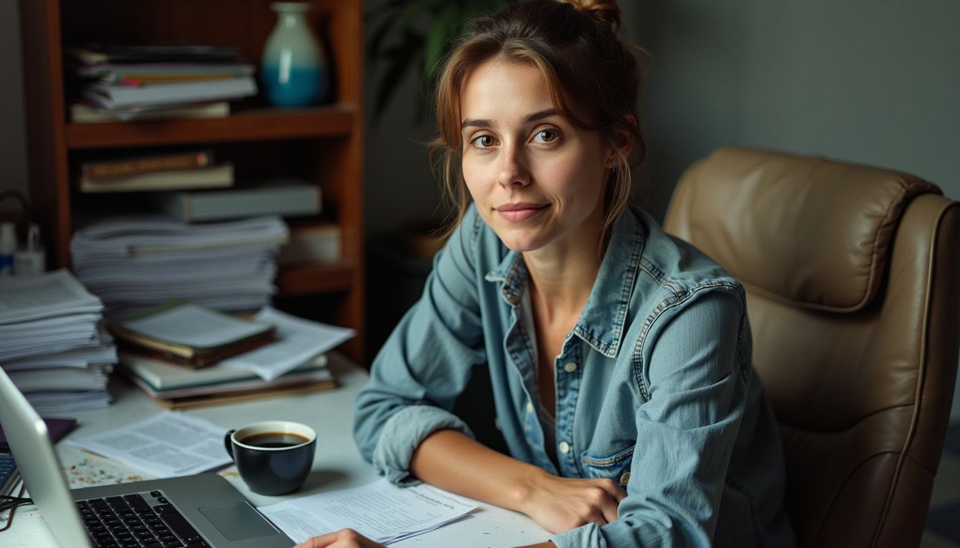 A woman researching ways to make money online at cluttered desk.
