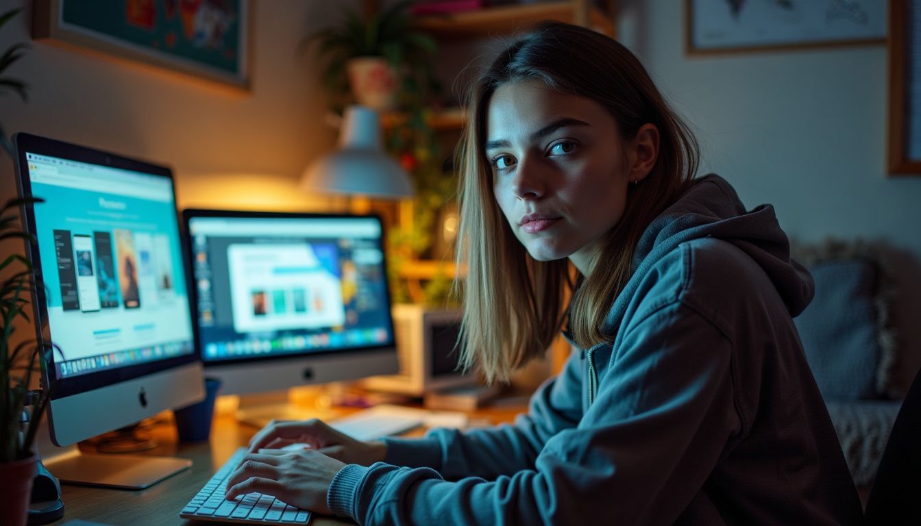 A young woman sits at a cluttered desk, considering uploading digital products.
