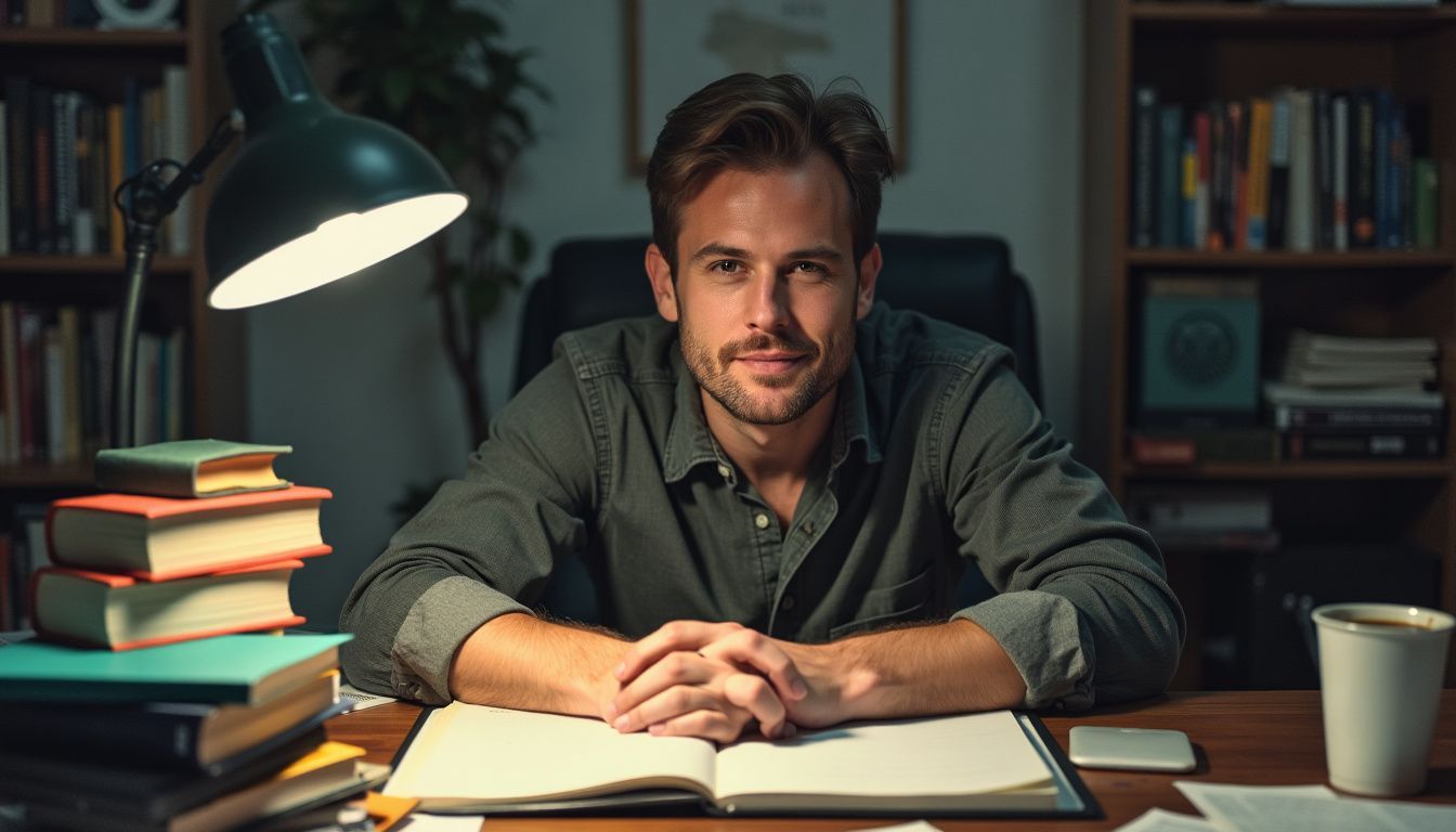 A man in his 30s at a cluttered desk creating digital products.