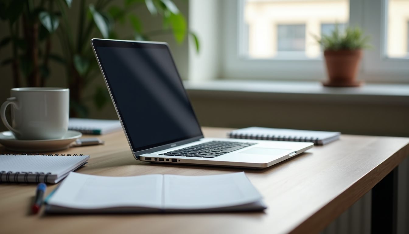 A cluttered home office desk with laptop and affiliate marketing products.