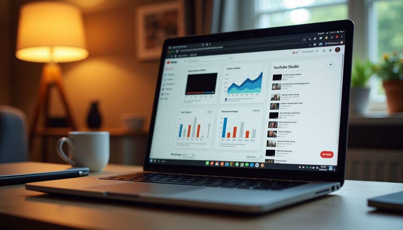 A laptop displaying YouTube Studio homepage in a cozy home office.