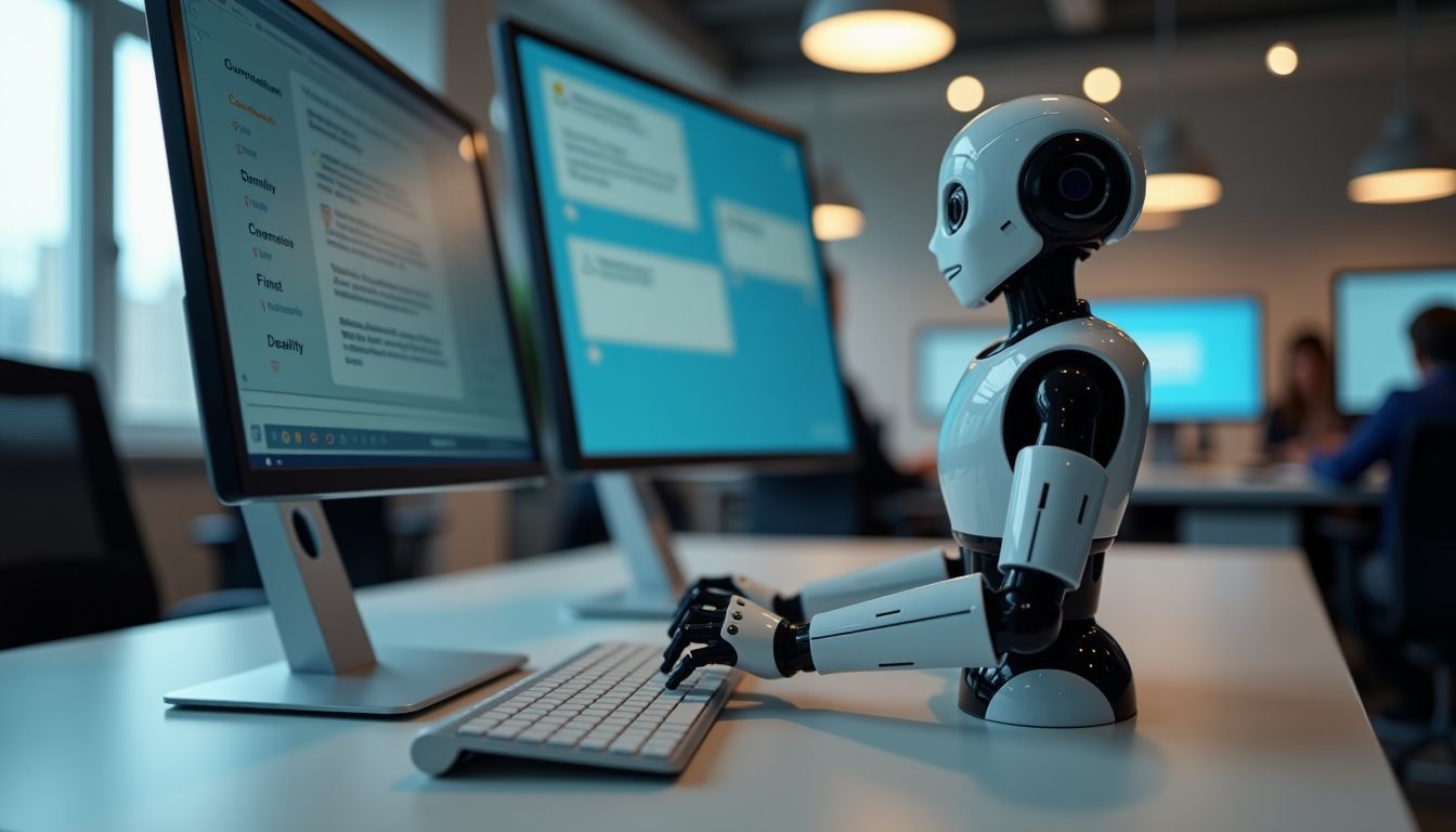 An AI-powered chatbot at a modern office desk with multiple screens.