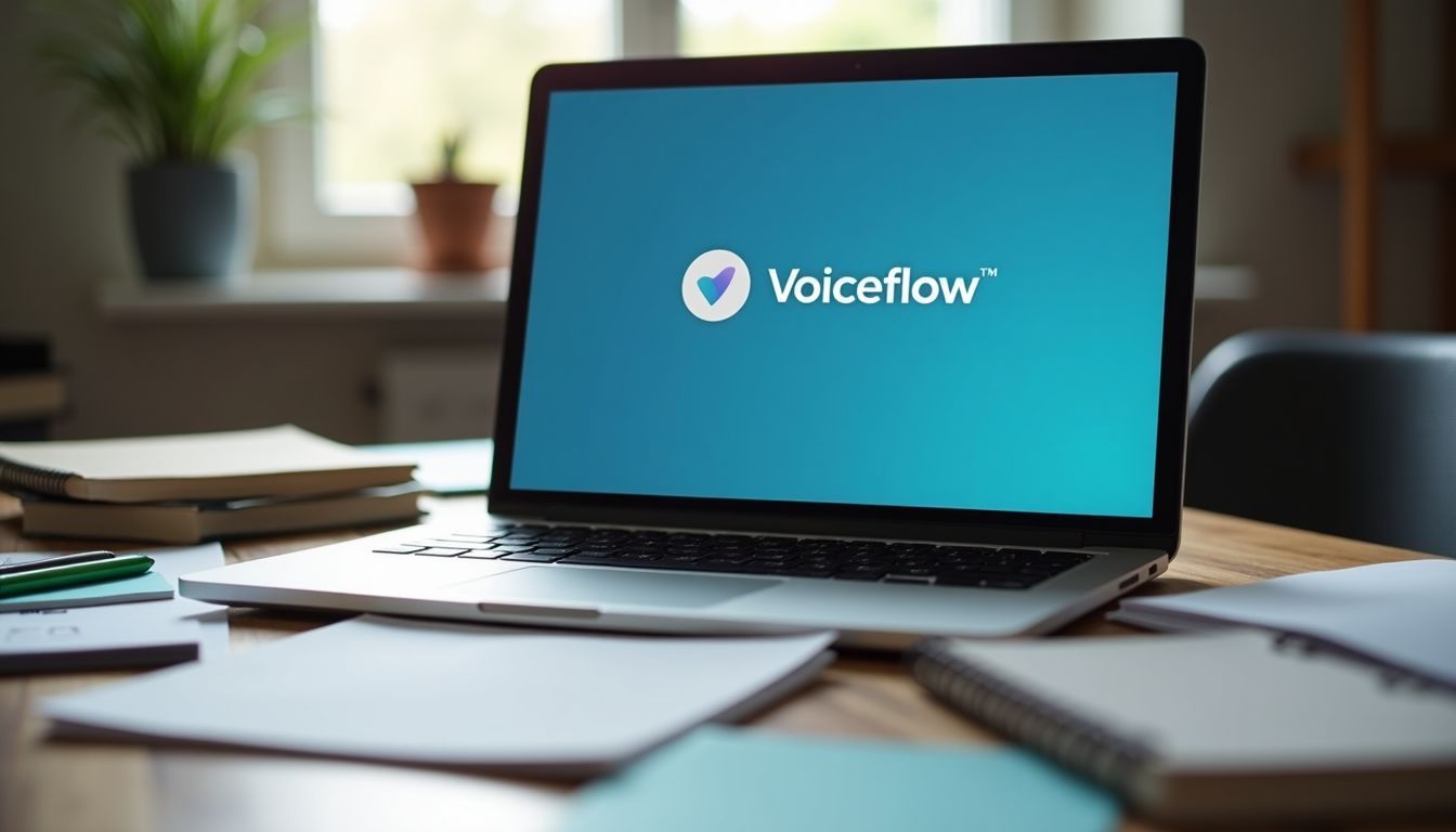 A cluttered desk with a laptop, notepads, and pens.