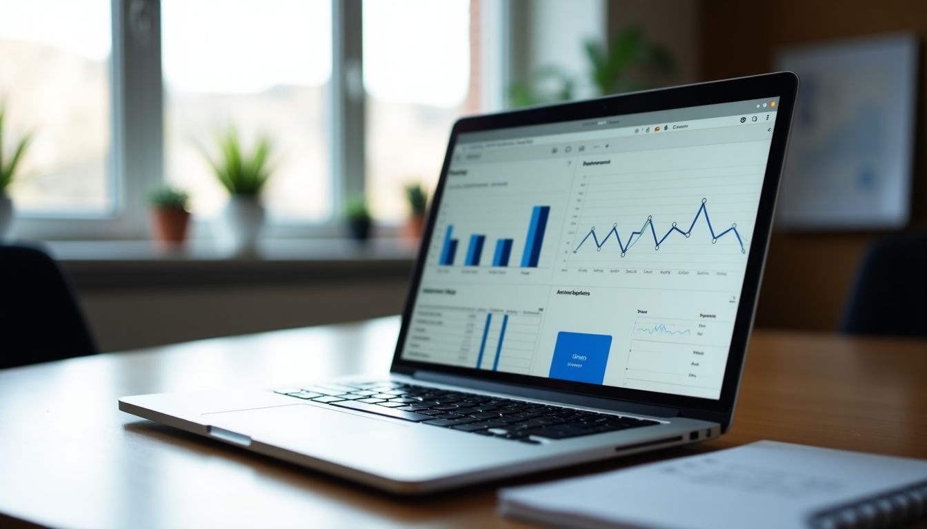 An open laptop displaying analytics dashboard in a modern office. An open laptop displaying analytics dashboard in a modern office.