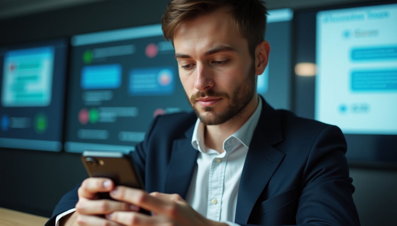 A businessman in a modern office using a chatbot interface on his smartphone. A businessman in a modern office using a chatbot interface on his smartphone.