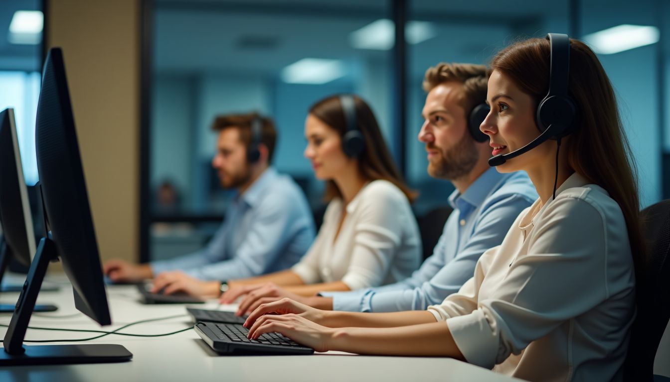 A diverse group of workers using voice chatbots for customer support in a casual office setting.