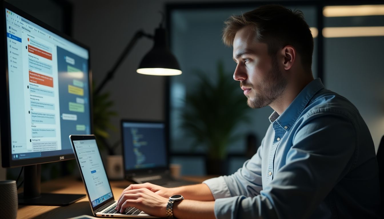 A male entrepreneur designs a chatbot using ManyChat's drag-and-drop interface. A male entrepreneur designs a chatbot using ManyChat's drag-and-drop interface.