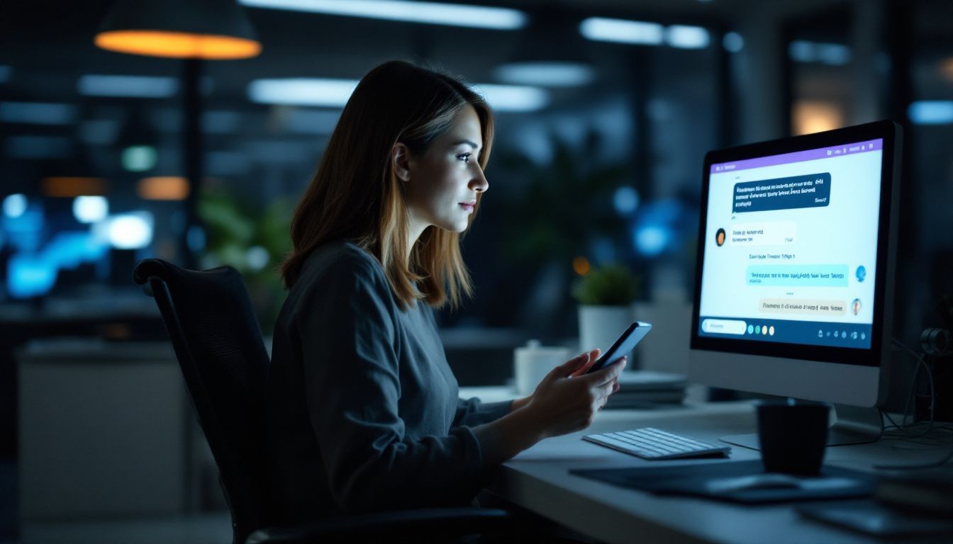 A businesswoman interacts with a user-friendly chatbot in a modern office.