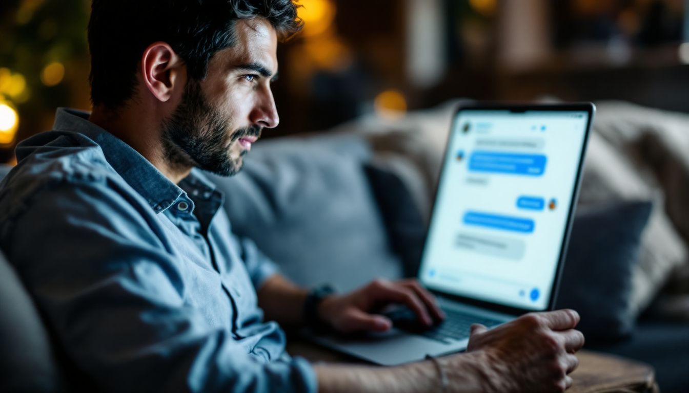 A man in his 30s using a laptop to engage with a ManyChat chatbot on Facebook Messenger. A man in his 30s using a laptop to engage with a ManyChat chatbot on Facebook Messenger.