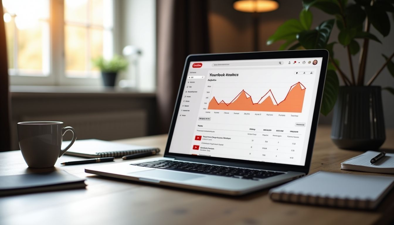 A laptop displaying YouTube video analytics in a cozy home office.
