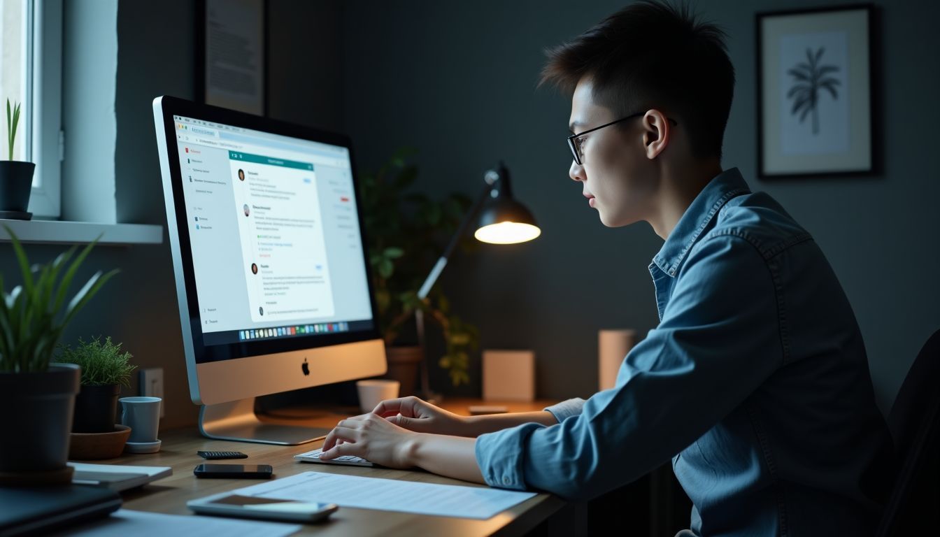 A young entrepreneur working at a cluttered desk with technology gadgets.