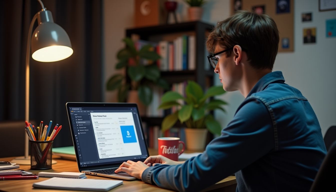 A young adult at a cluttered desk, doing keyword research for YouTube.