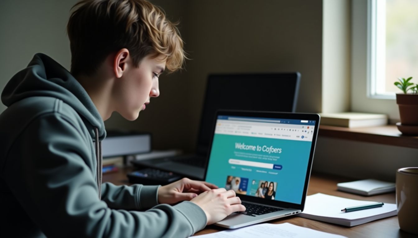 A person working at a cluttered desk with a laptop.