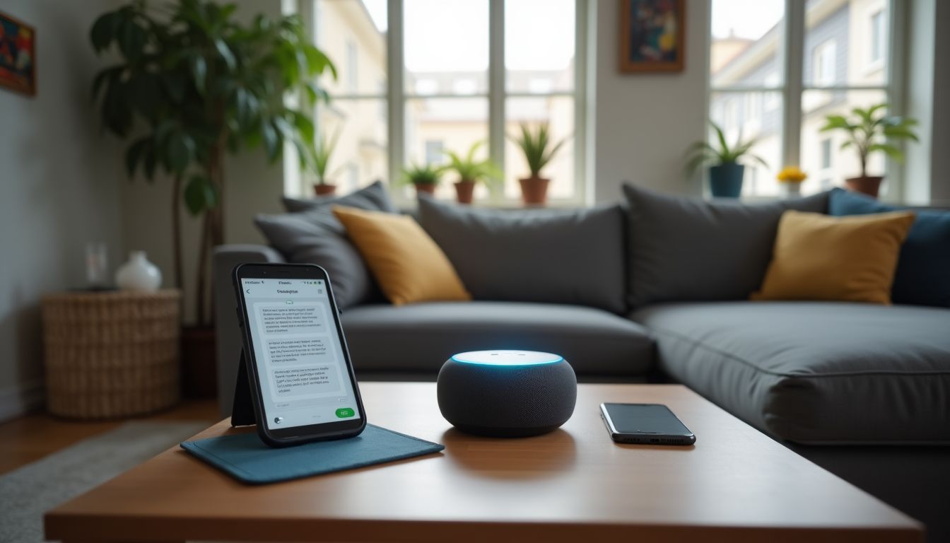 'Modern living room with smart devices and voice-activated chatbot creation guide.'