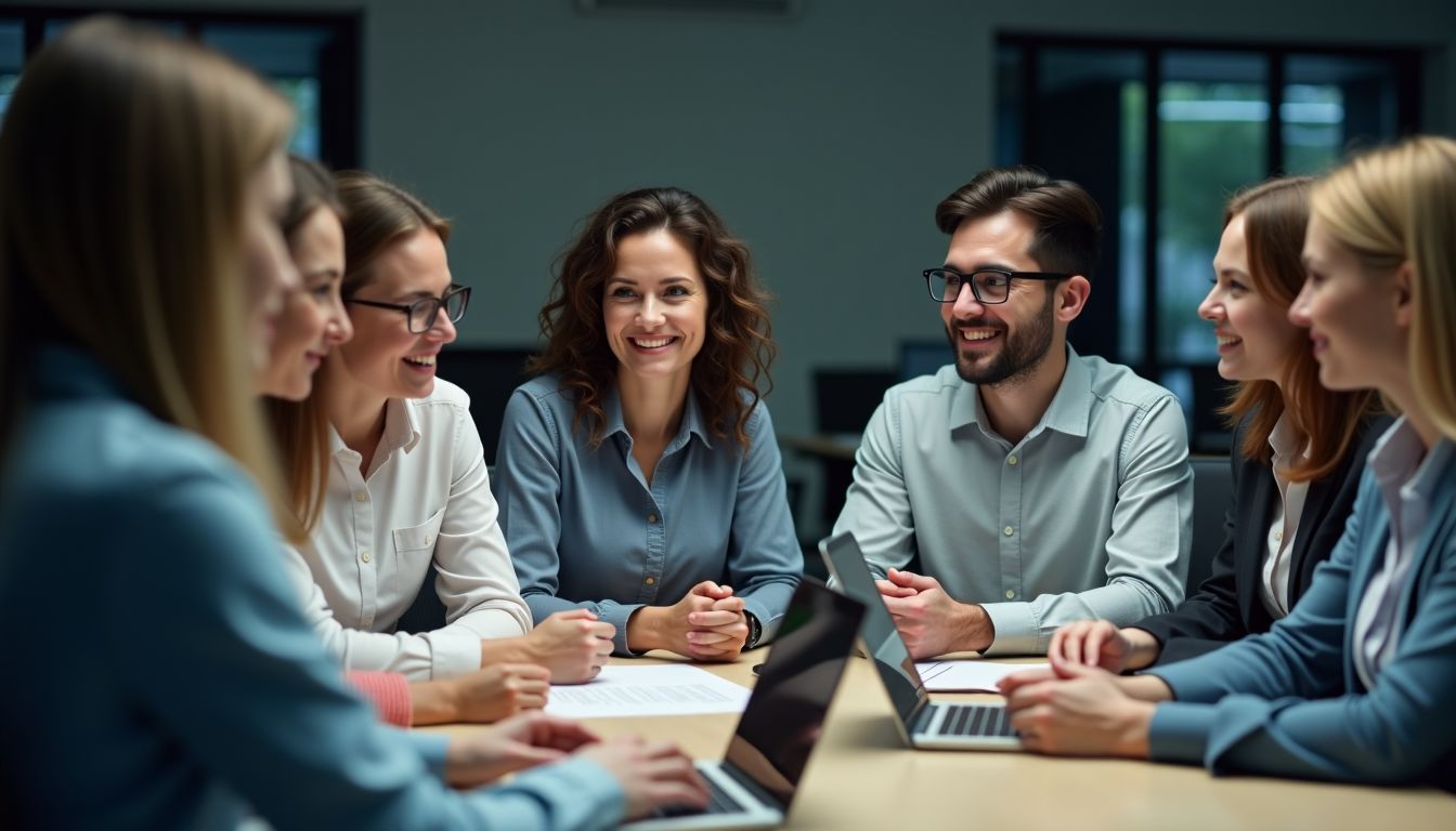 A diverse group of professionals interacting with chatbots in a modern office.