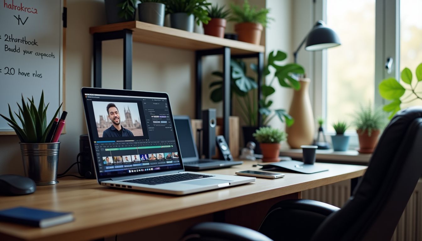 The cluttered desk with a laptop and video equipment in a well-lit room.