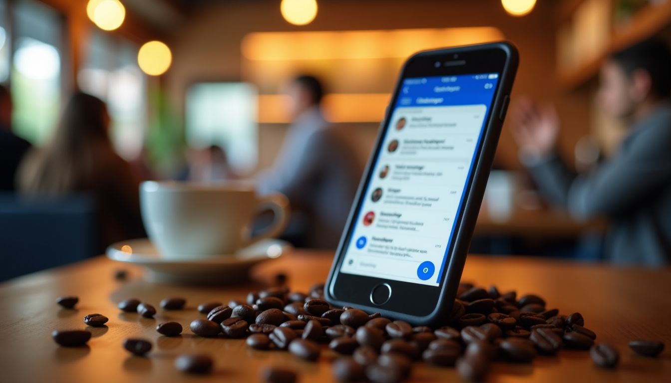 A modern smartphone displays a Facebook Messenger chatbot in a coffee shop. A modern smartphone displays a Facebook Messenger chatbot in a coffee shop.
