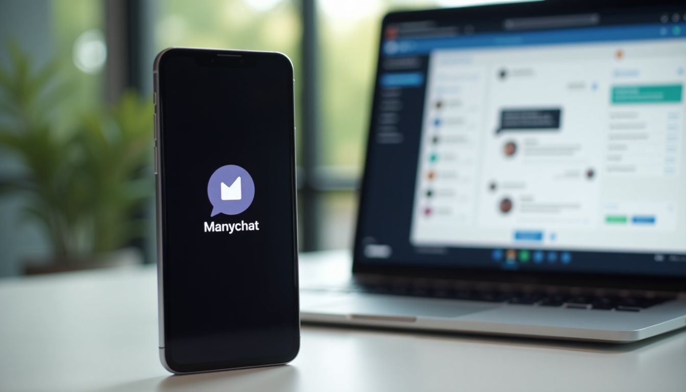 A smartphone displaying the Manychat logo on an office desk. A smartphone displaying the Manychat logo on an office desk.