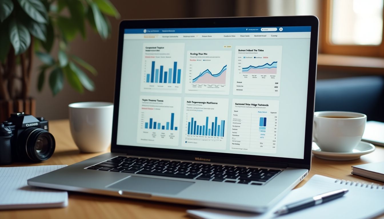 A laptop displaying various analytics and creative tools in a home office.