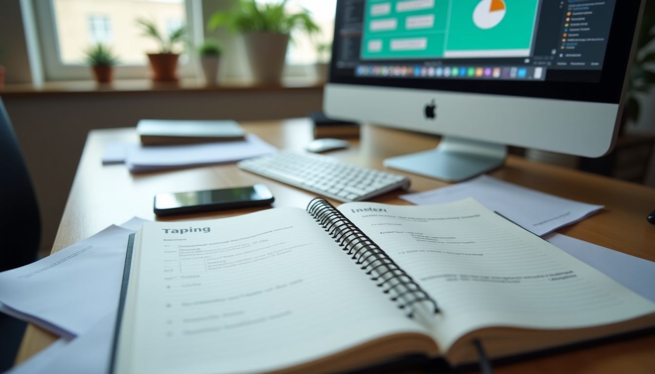 A messy desk with papers, notes, and computer screen displaying work materials.