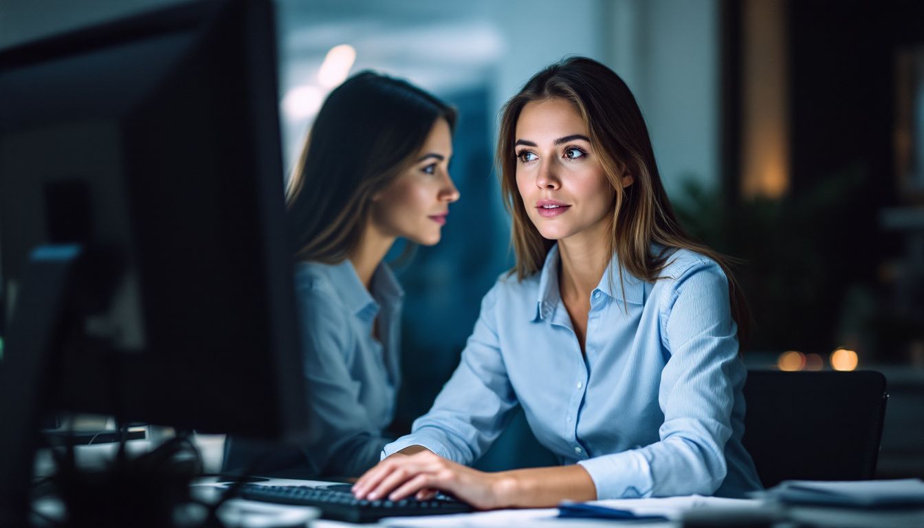 A woman in a casual office setting interacts with an AI chatbot.