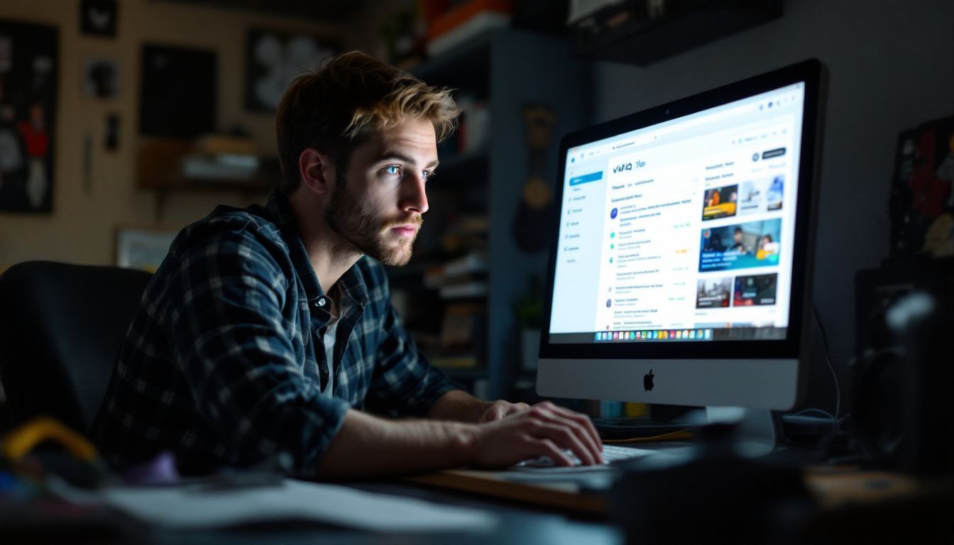 A man at a cluttered desk browsing VidIQ for video ideas.