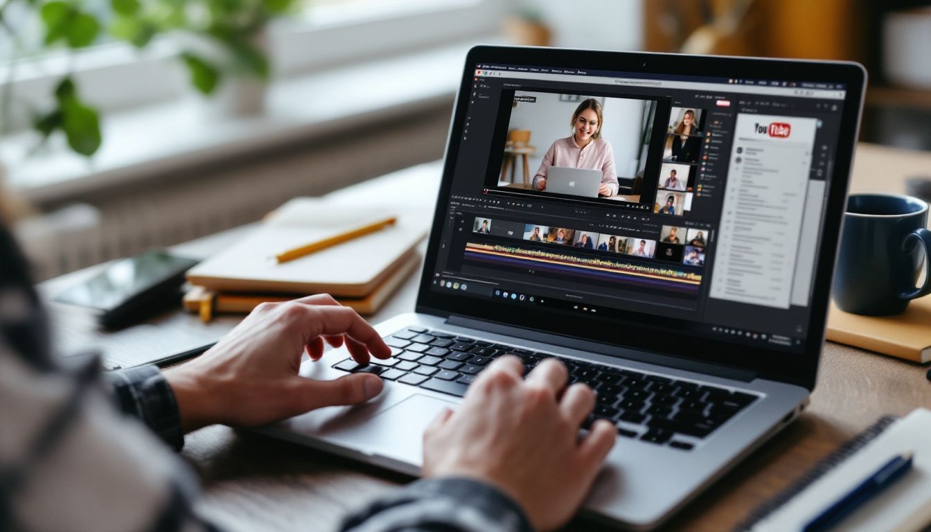 A laptop displaying video editing software in a cozy home office.