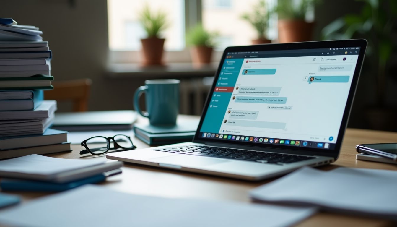 A cluttered desk with open laptop and scattered office supplies.