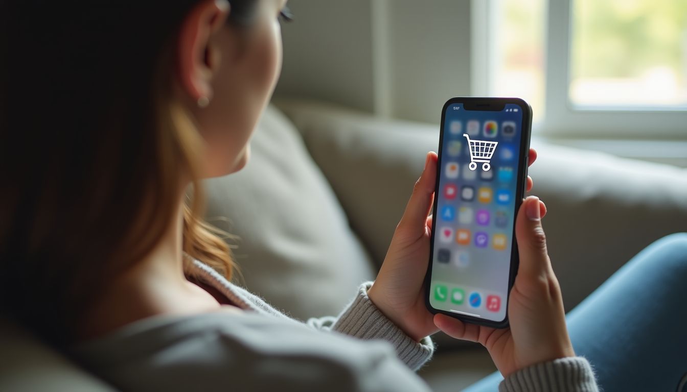 A woman browsing virtual shopping cart on smartphone in cozy room. A woman browsing virtual shopping cart on smartphone in cozy room.