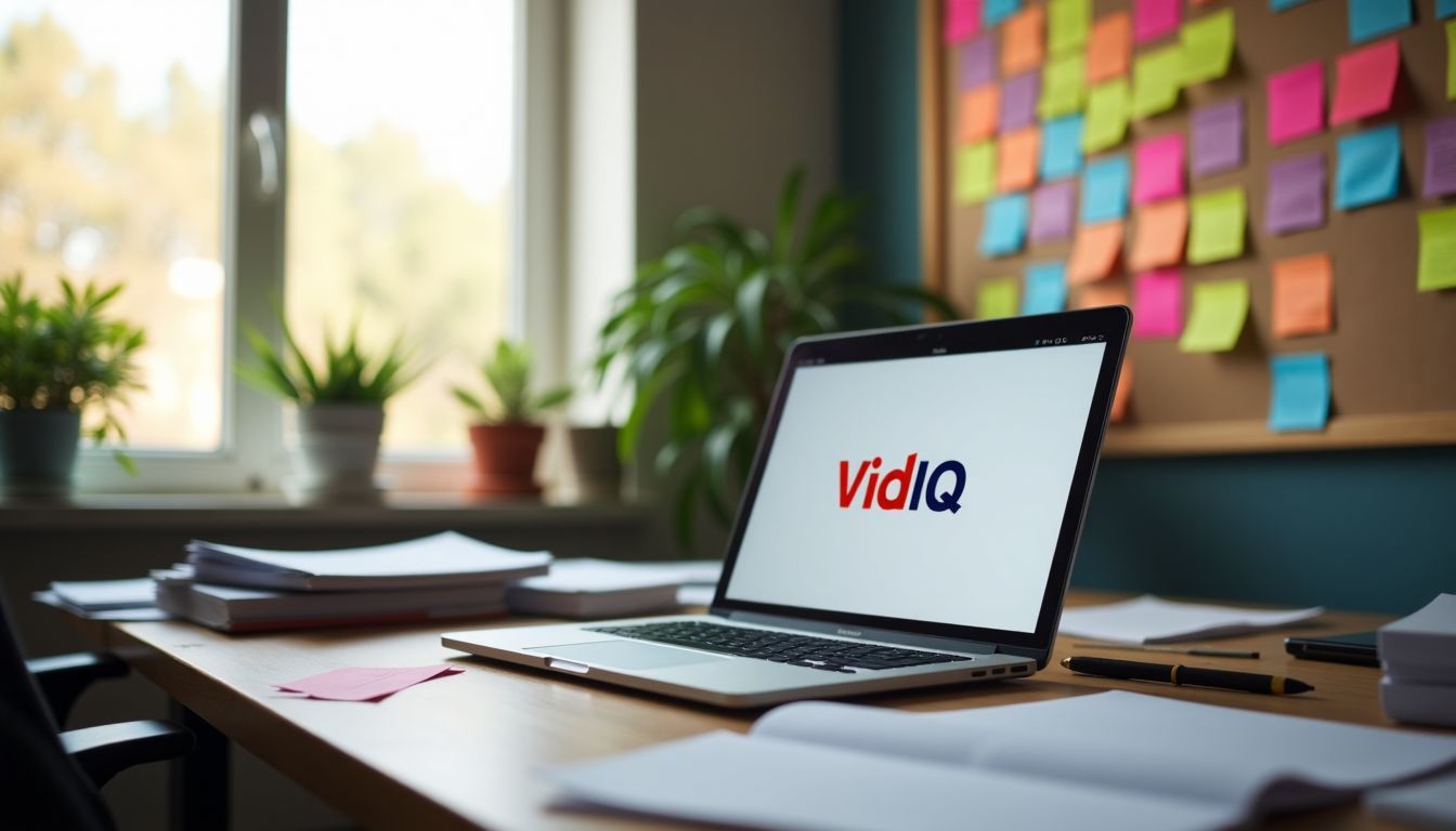 A cluttered desk with scattered papers, a laptop, and a vibrant bulletin board.