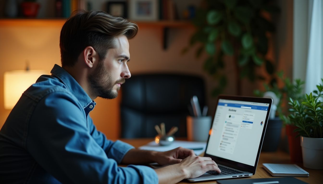 A man is working on a laptop in a cluttered home office. A man is working on a laptop in a cluttered home office.
