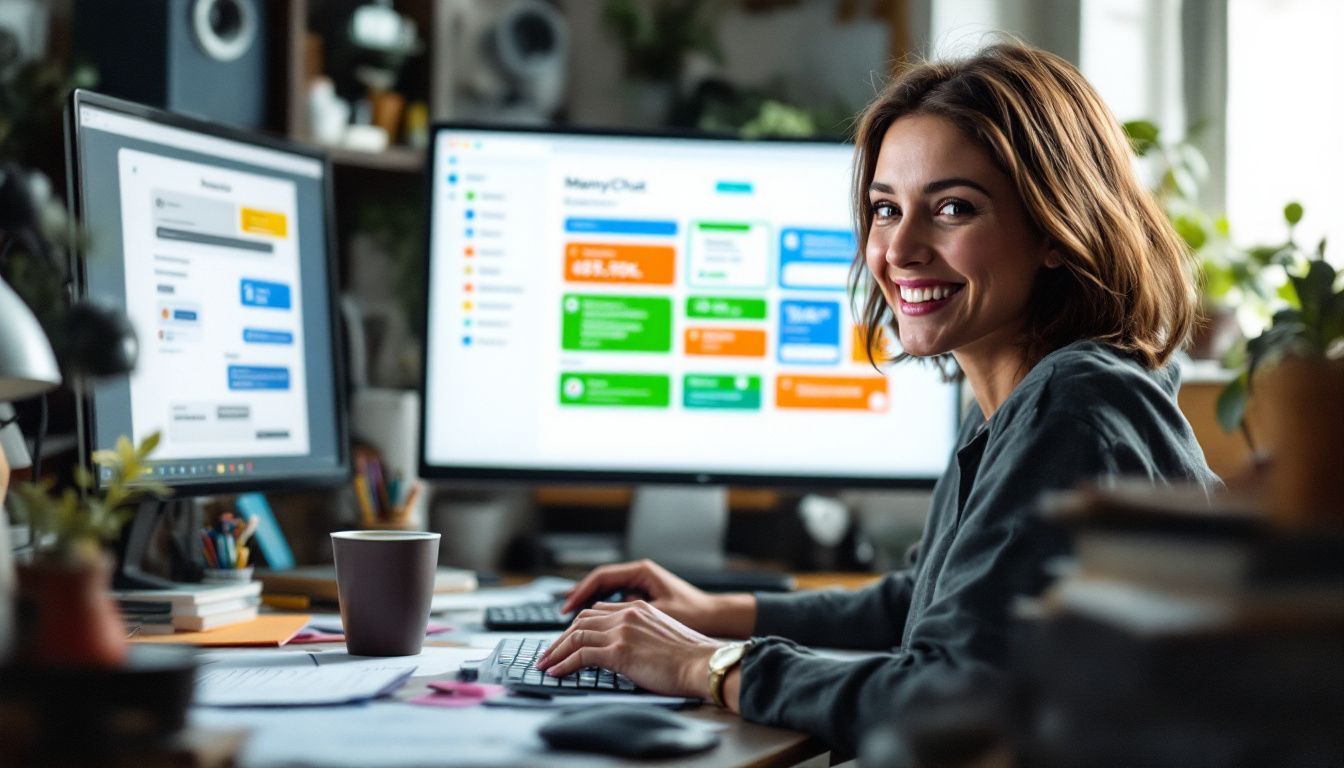 A woman at cluttered home office desk excitedly working on ManyChat. A woman at cluttered home office desk excitedly working on ManyChat.