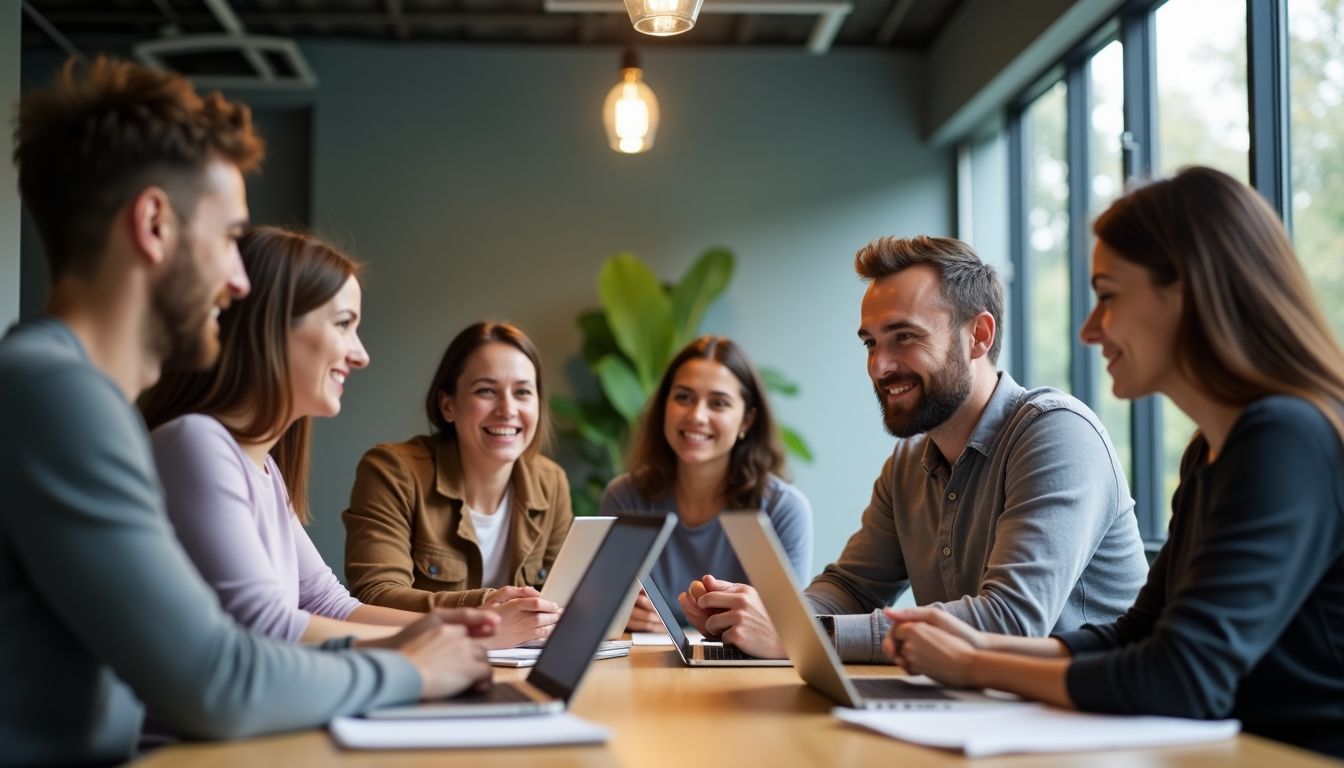 A diverse group of entrepreneurs discussing pricing structure in a coworking space. A diverse group of entrepreneurs discussing pricing structure in a coworking space.