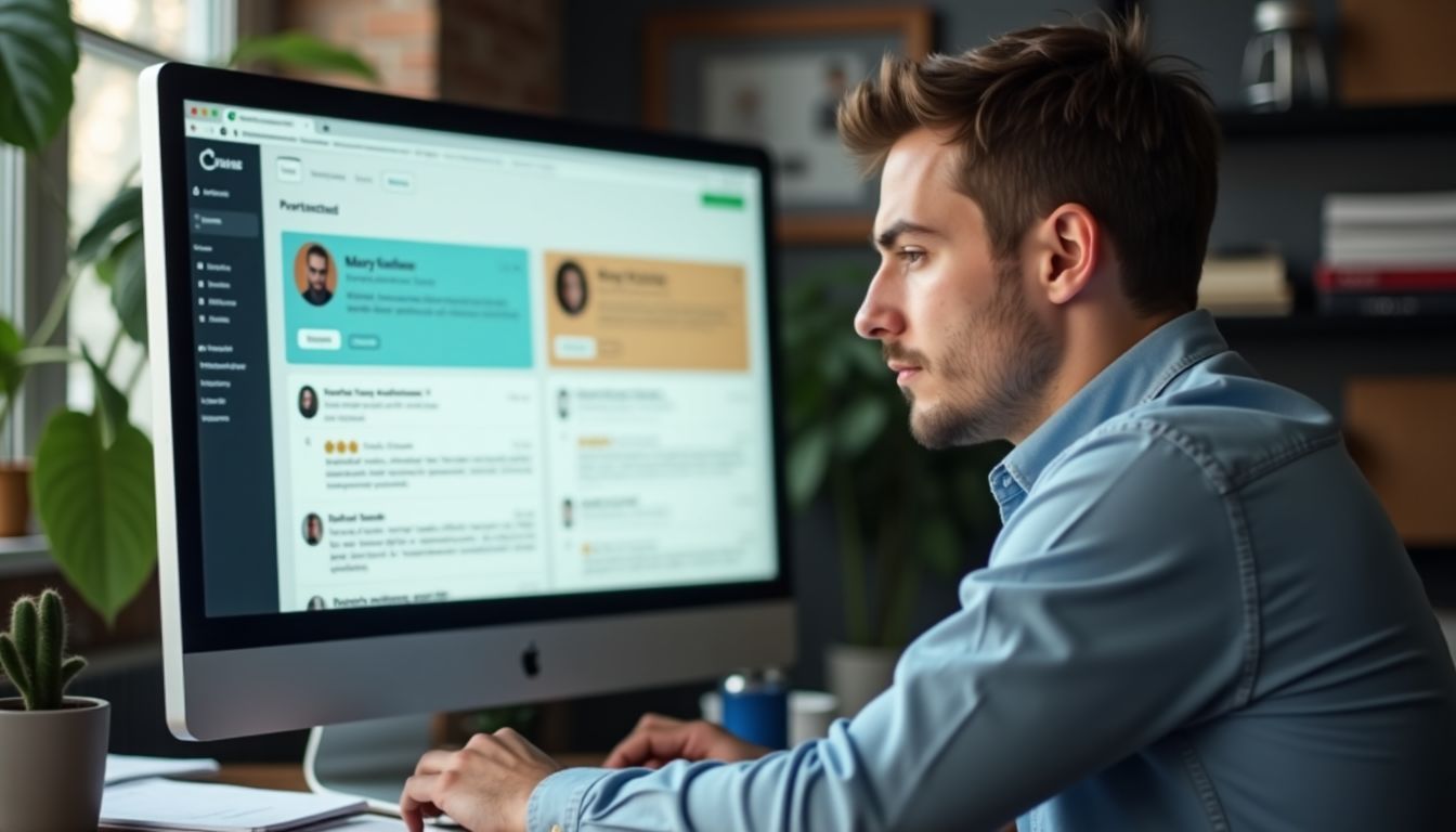 A man sitting at a cluttered desk, looking at a Manychat dashboard. A man sitting at a cluttered desk, looking at a Manychat dashboard.
