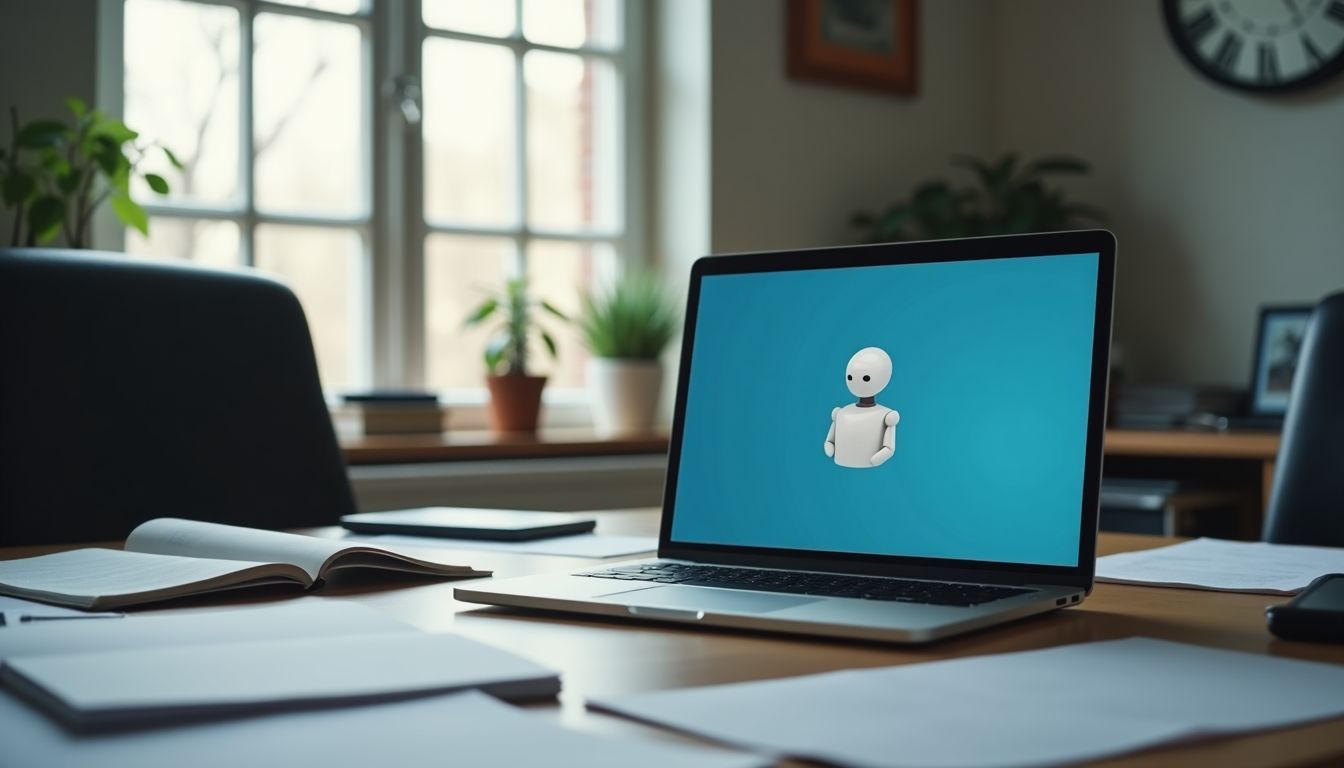 A cluttered office desk with open laptop displaying chatbot interface.