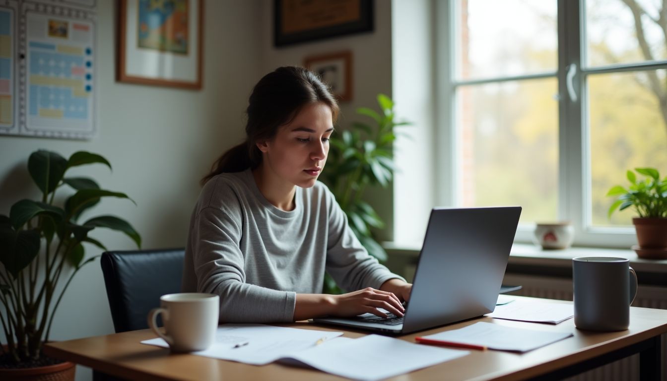 A person working at a cluttered desk in a cozy home office.
