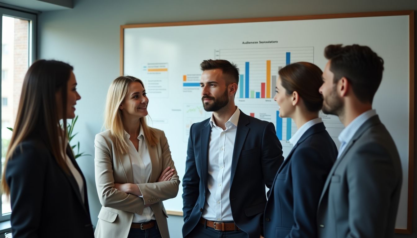 A diverse group discusses audience segmentation strategies in an office environment. A diverse group discusses audience segmentation strategies in an office environment.
