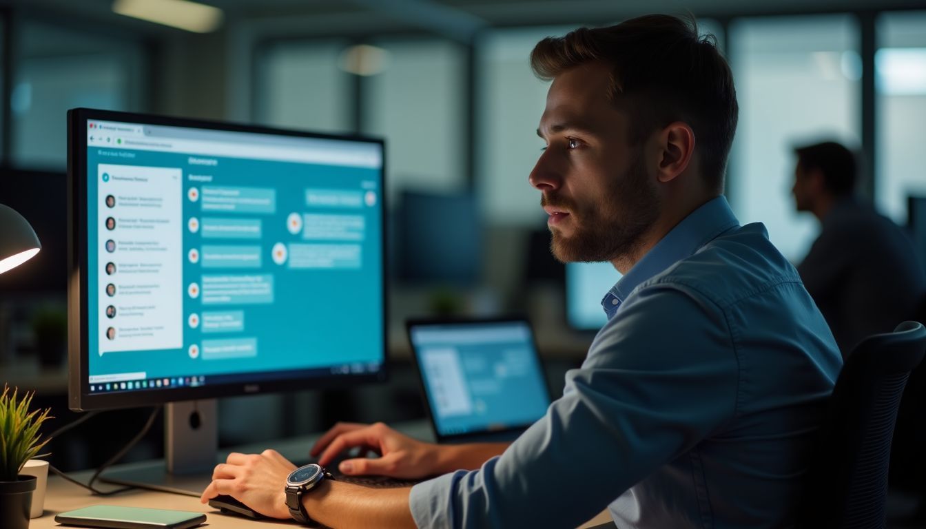 A man engages with a chatbot in an office setting.